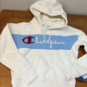 Champion Cream Pullover Hoodie with Light Blue Chest Panel Size XS
